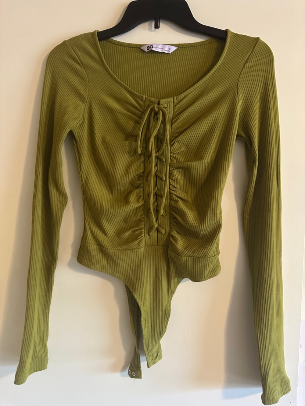 SO Olive Lace-Up Ribbed Long Sleeve Bodysuit